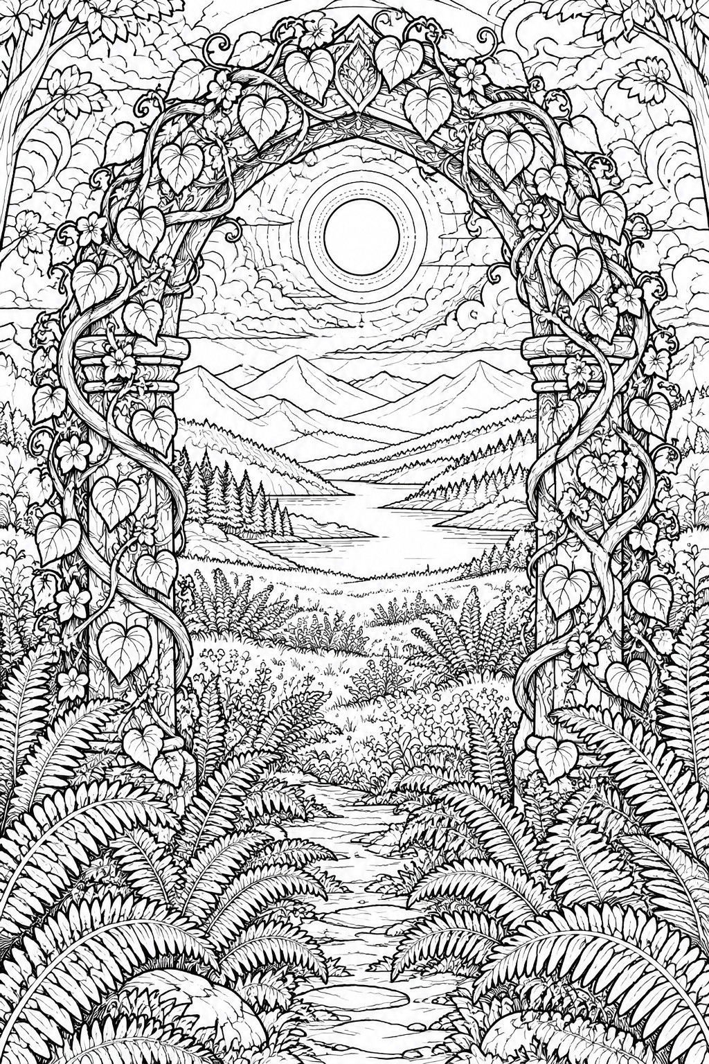 A detailed line drawing of an ornate arch covered in vines and flowers framing a path through ferns toward a river and mountains with a large sun above.