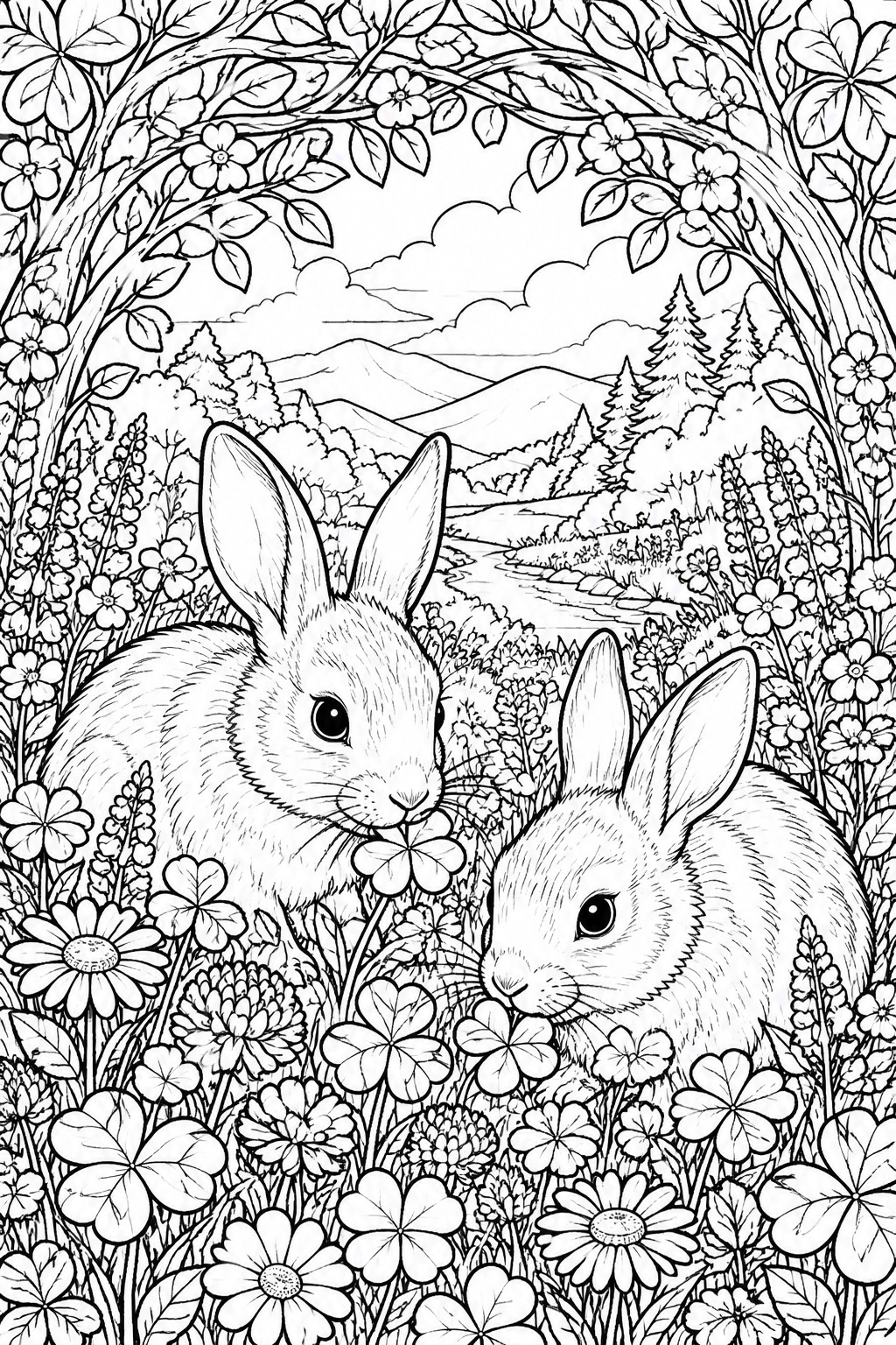 Two rabbits sit among flowers with trees, a river, and mountains in the background under an arch of branches.