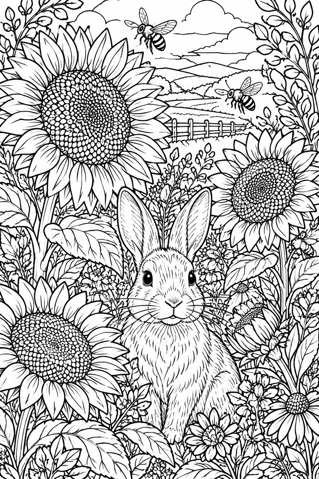 Rabbit amid sunflowers and wildflowers with bees flying in a rural field.