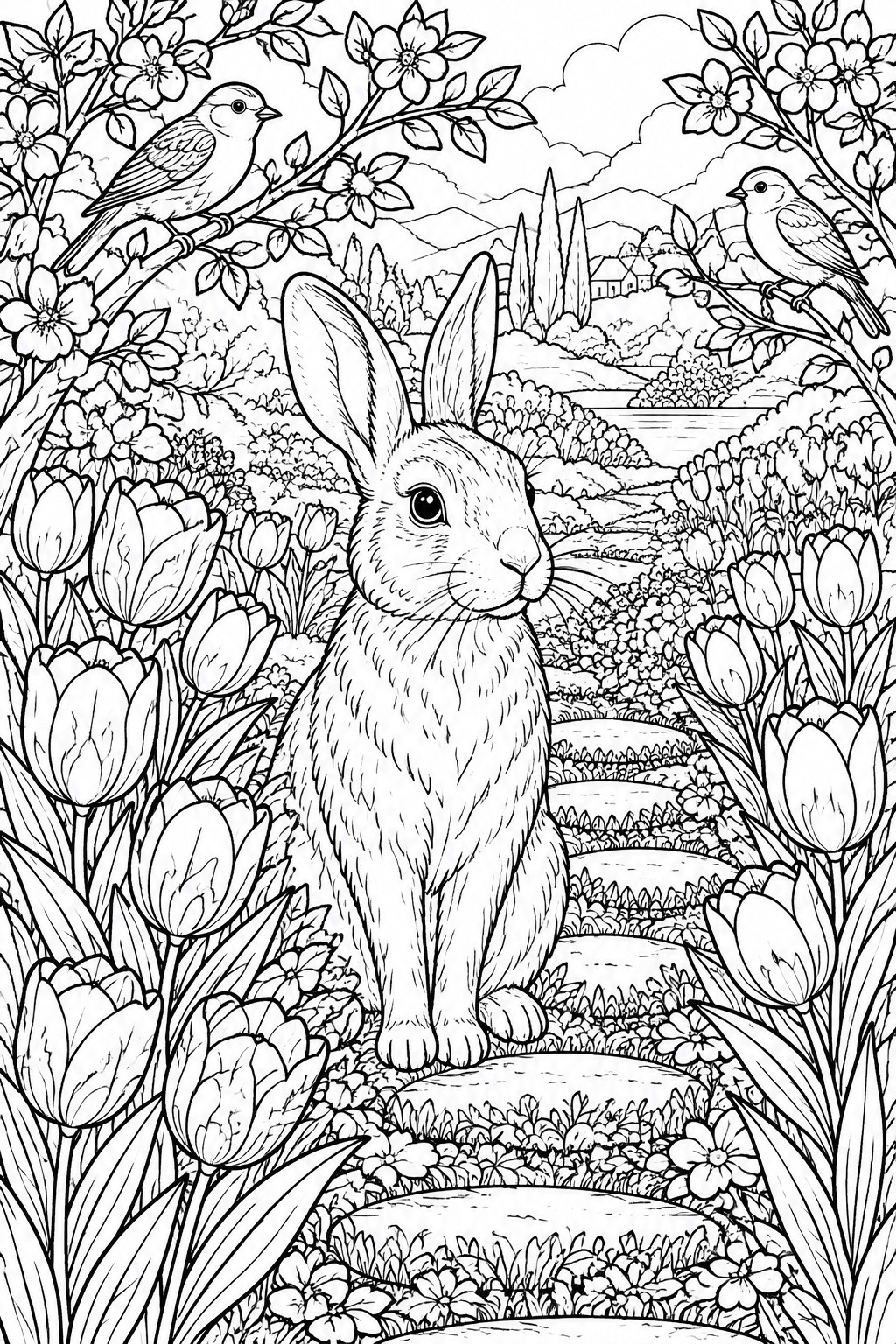 Coloring page of rabbit amid tulips, birds on branches, and winding garden path