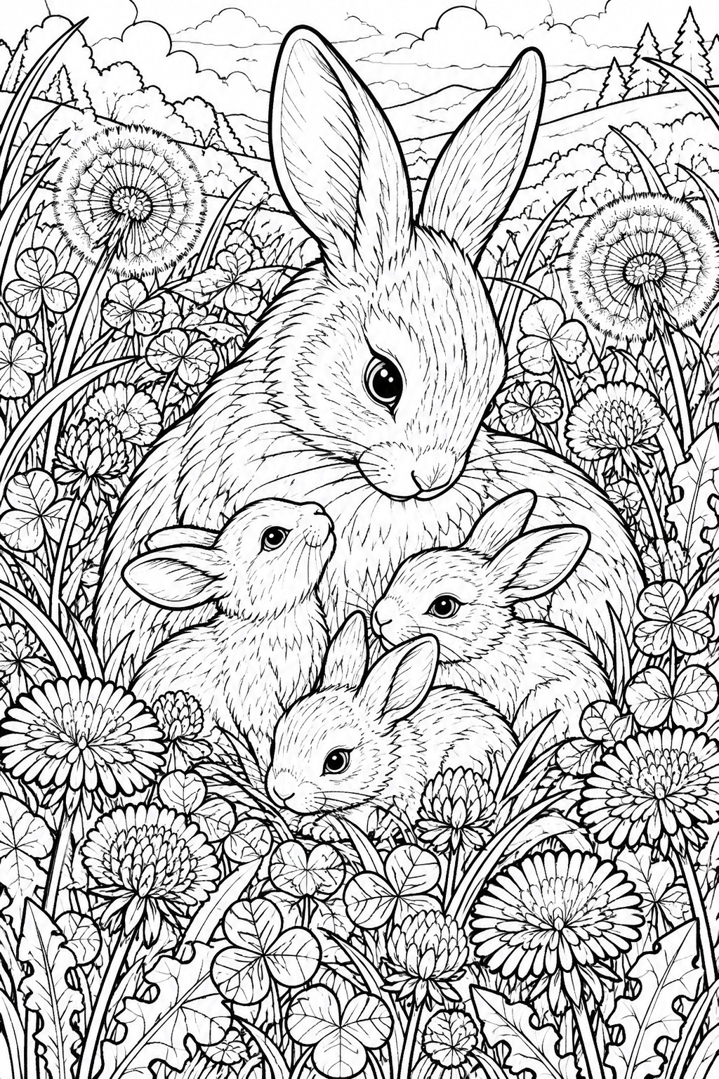 Adult rabbit with three young rabbits among dandelions and wildflowers in meadow line art