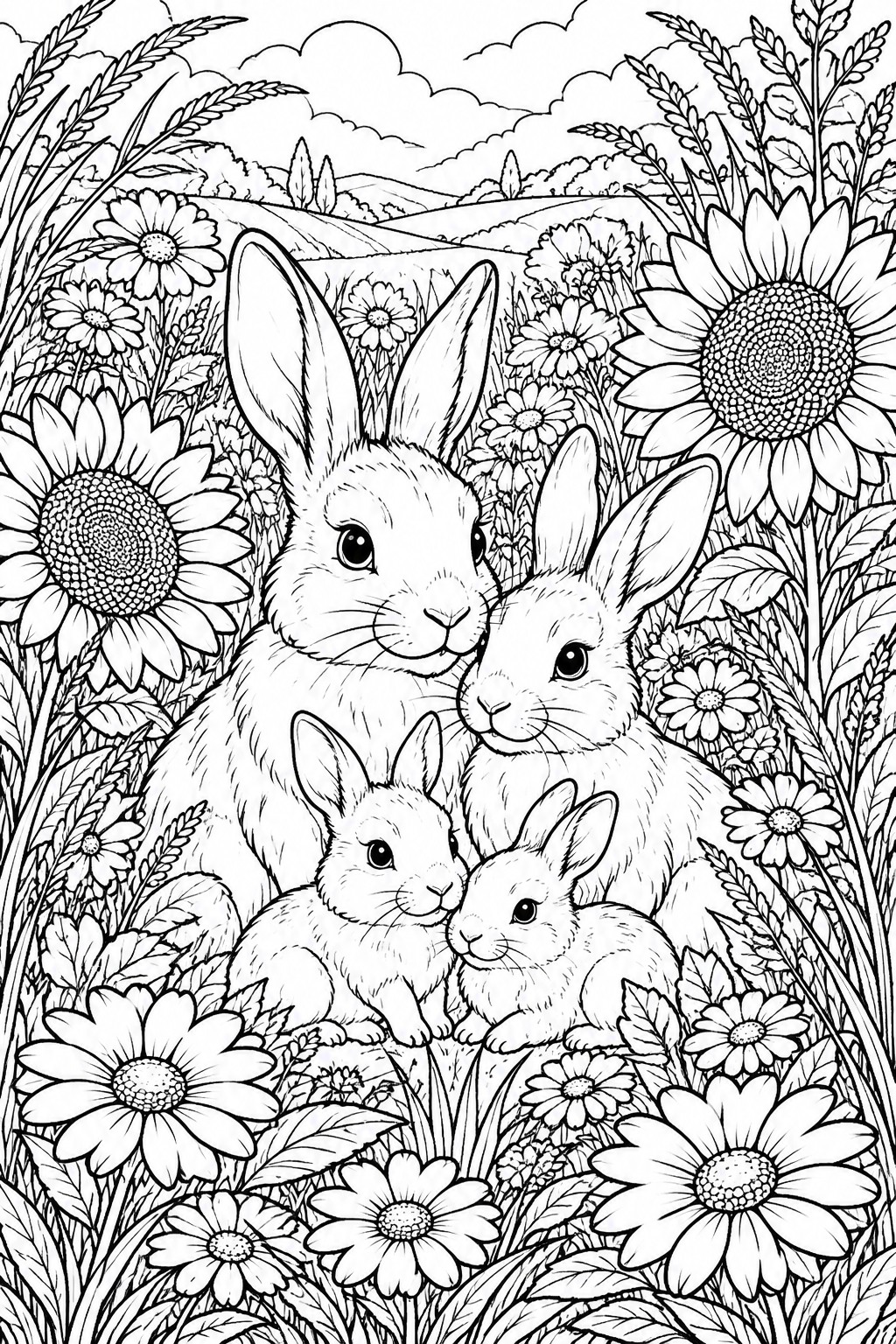 Coloring page of adult rabbits with two young bunnies among sunflowers and daisies.
