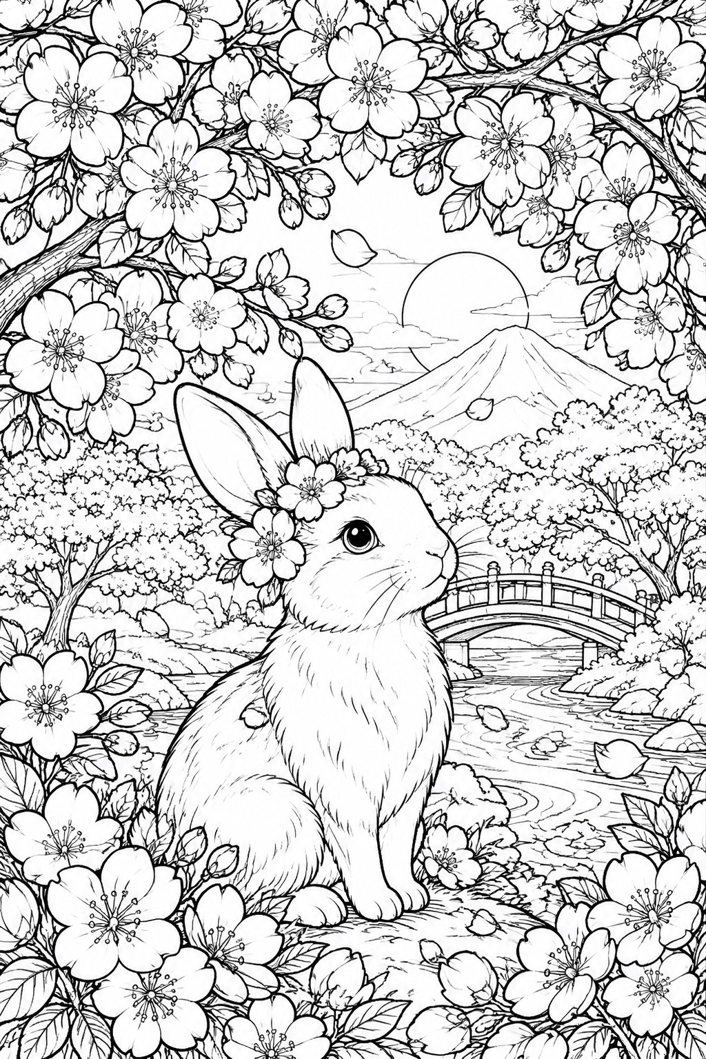 Line art of flower-crowned rabbit amid cherry blossoms, bridge, and Mount Fuji landscape