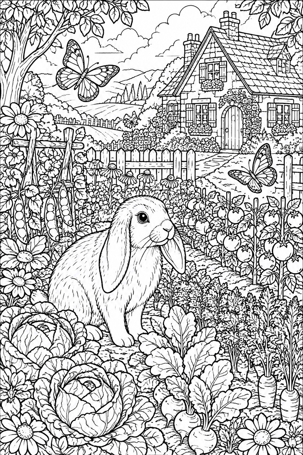 A black and white line drawing of a rabbit in a vegetable garden with cabbages, tomatoes, carrots, beans, flowers, butterflies, and a cottage in the background.