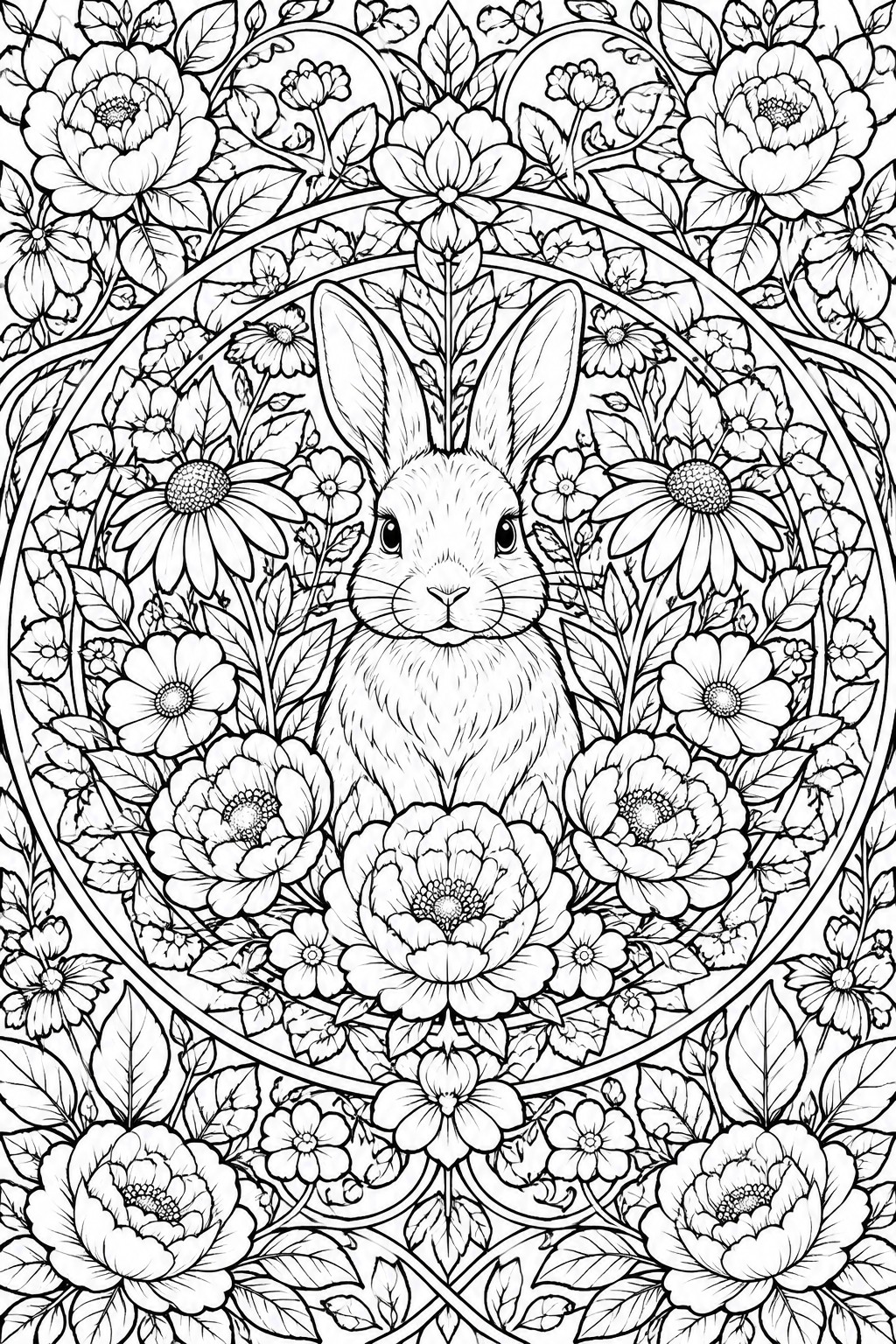 A black and white line drawing of a rabbit centered in a circle of flowers and leaves with additional floral patterns around the border.
