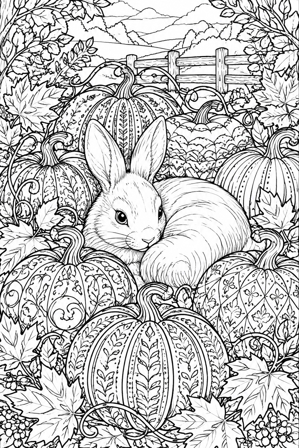 Intricate line art of a rabbit nestled among patterned pumpkins, leaves, and fence