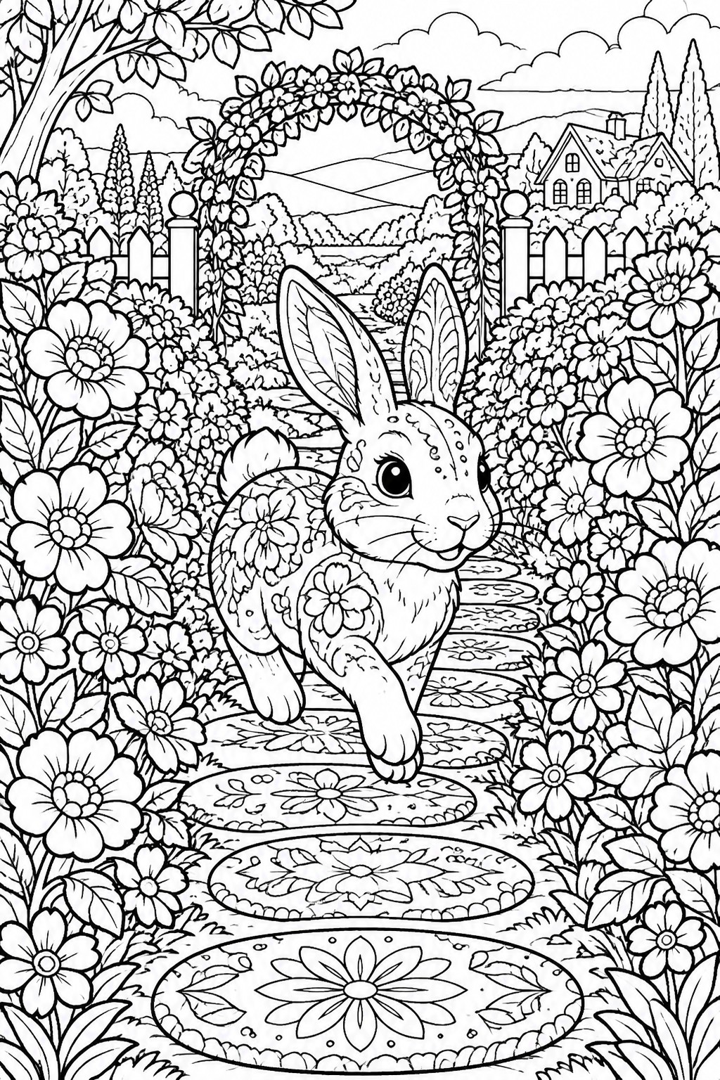 Black-and-white coloring page of flower-patterned rabbit on garden stepping-stone path
