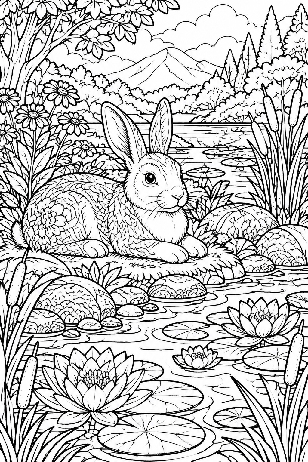 Detailed line drawing of rabbit resting by lily pad pond with flowers and mountains.