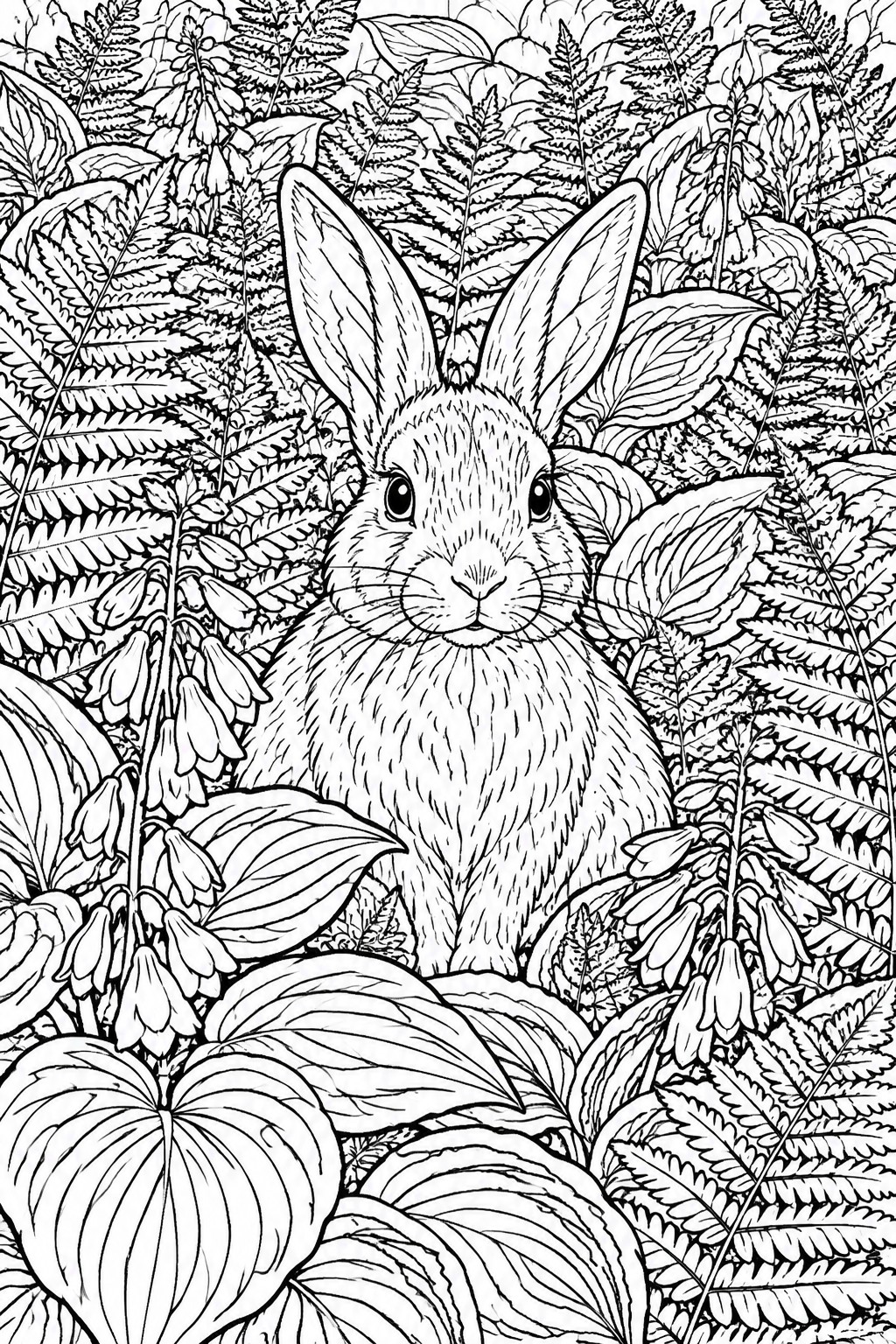 Black and white line drawing of a rabbit sitting among ferns, large leaves, and bell-shaped flowers.