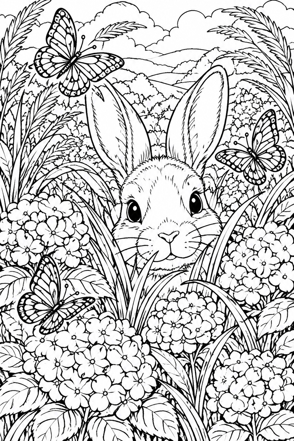 Black and white line drawing of rabbit amid flowers and butterflies in meadow.