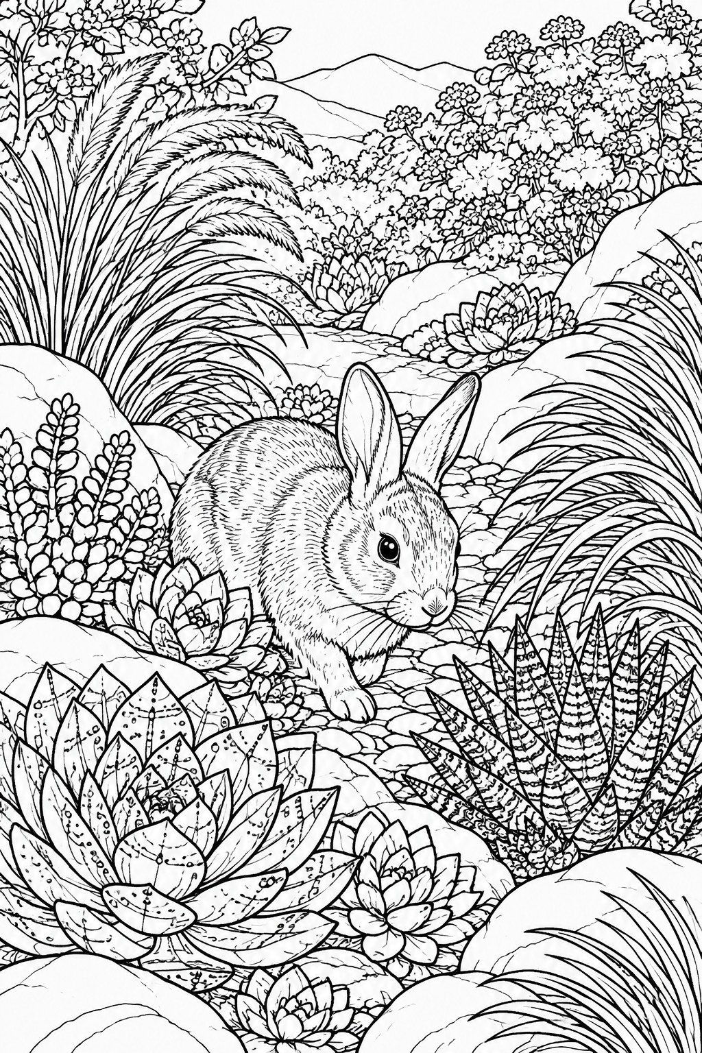 A black and white line drawing of a rabbit sitting among succulents, rocks, and tall grasses with mountains in the background.
