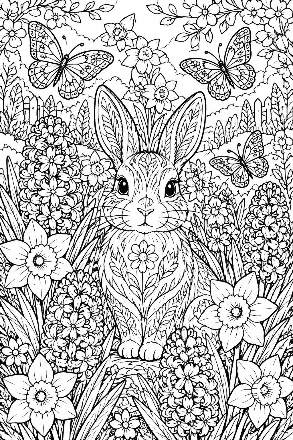 Intricate black-and-white line drawing of a rabbit amid flowers and butterflies in a garden.