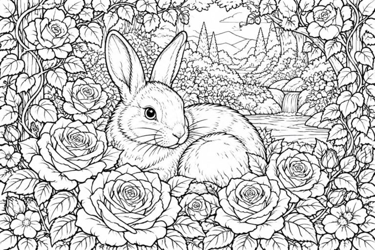 A line drawing of a rabbit resting among large roses with trees, bushes, and a stone bridge in the background.