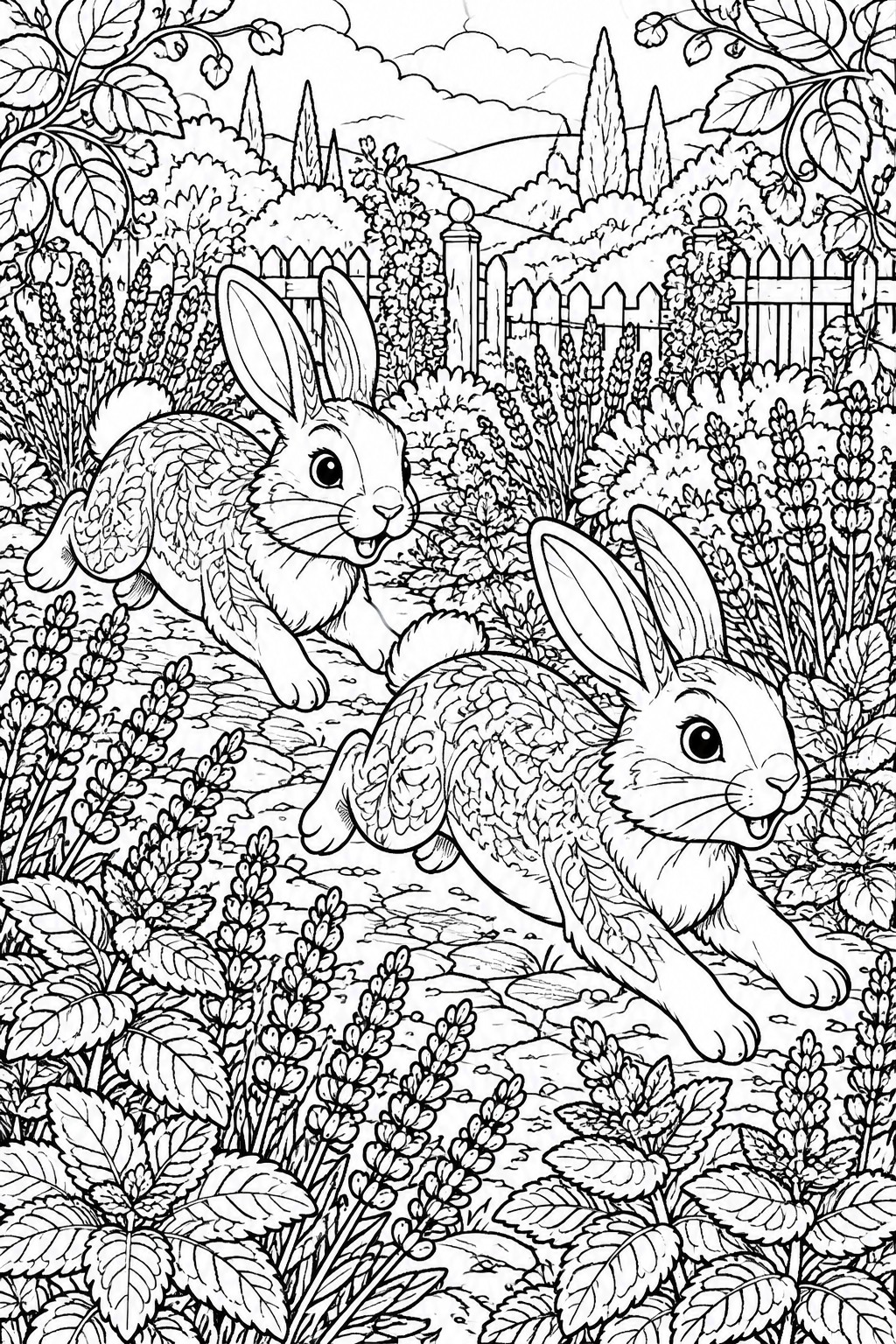 Two rabbits with leaf-patterned fur hop along a garden path lined with flowers, plants, and a fence in the background.