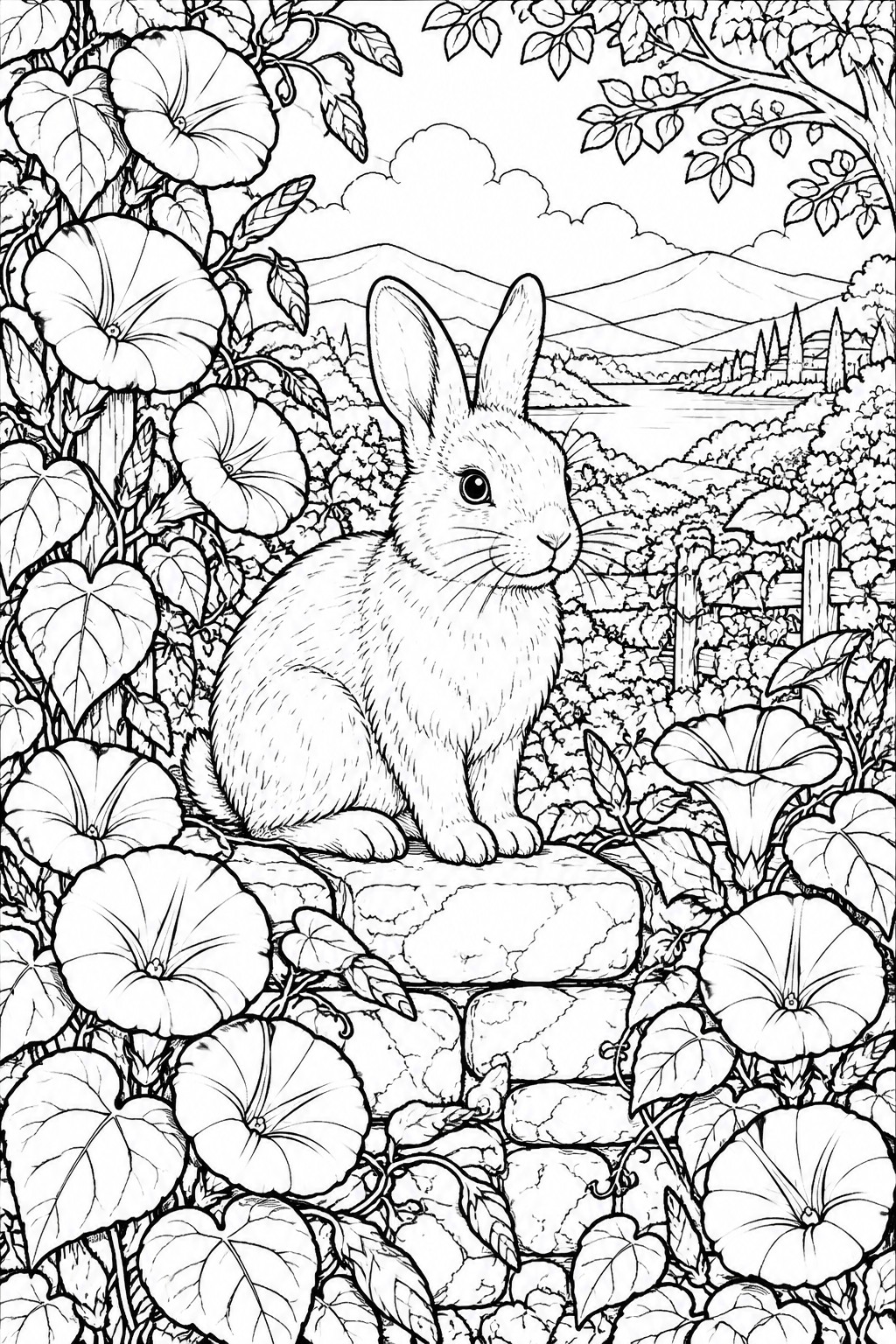 Line drawing of rabbit on stone wall amid large flowers with trees and mountains beyond
