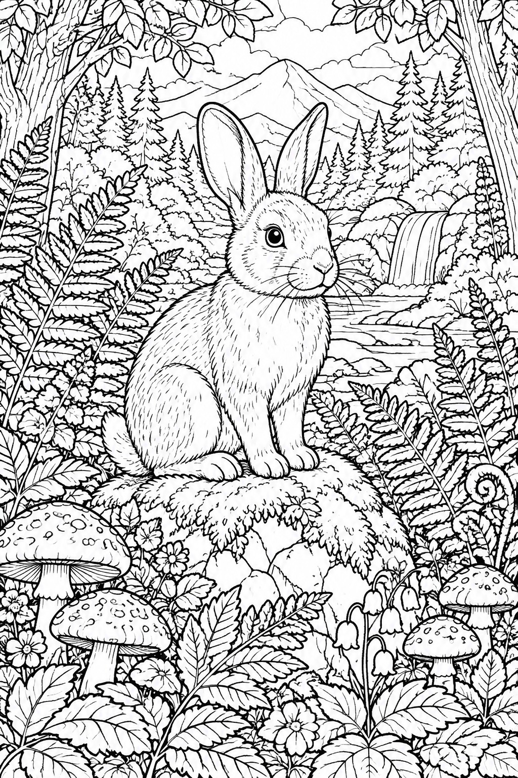 Coloring page of a rabbit amid ferns, mushrooms, flowers, and forest waterfall.