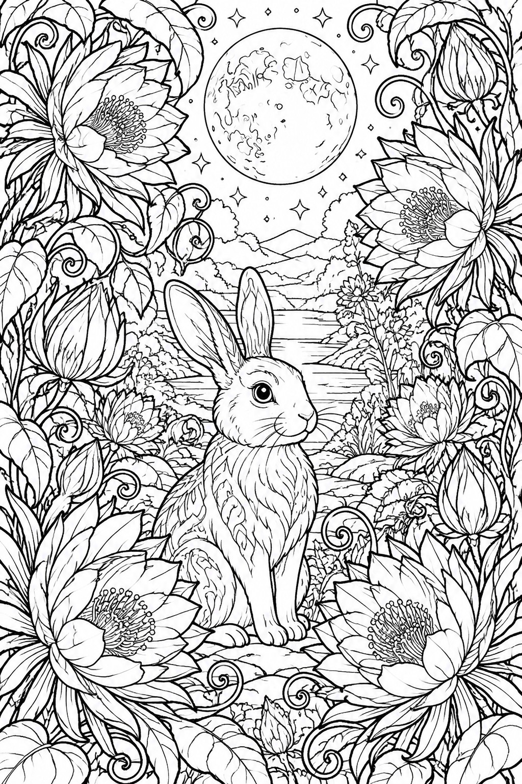 Rabbit sitting among large flowers under full moon with stars and hills