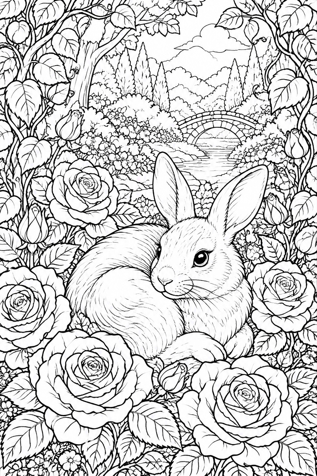 A line drawing of a rabbit resting among large roses with trees, bushes, and a stone bridge in the background.