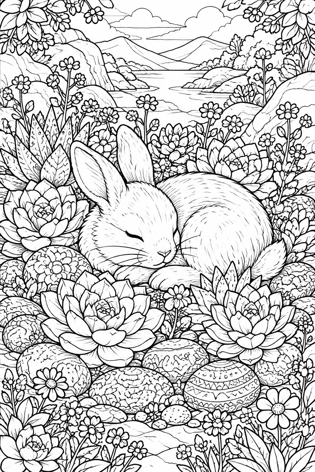 Sleeping rabbit curled among succulents, flowers, rocks and patterned eggs in mountain landscape