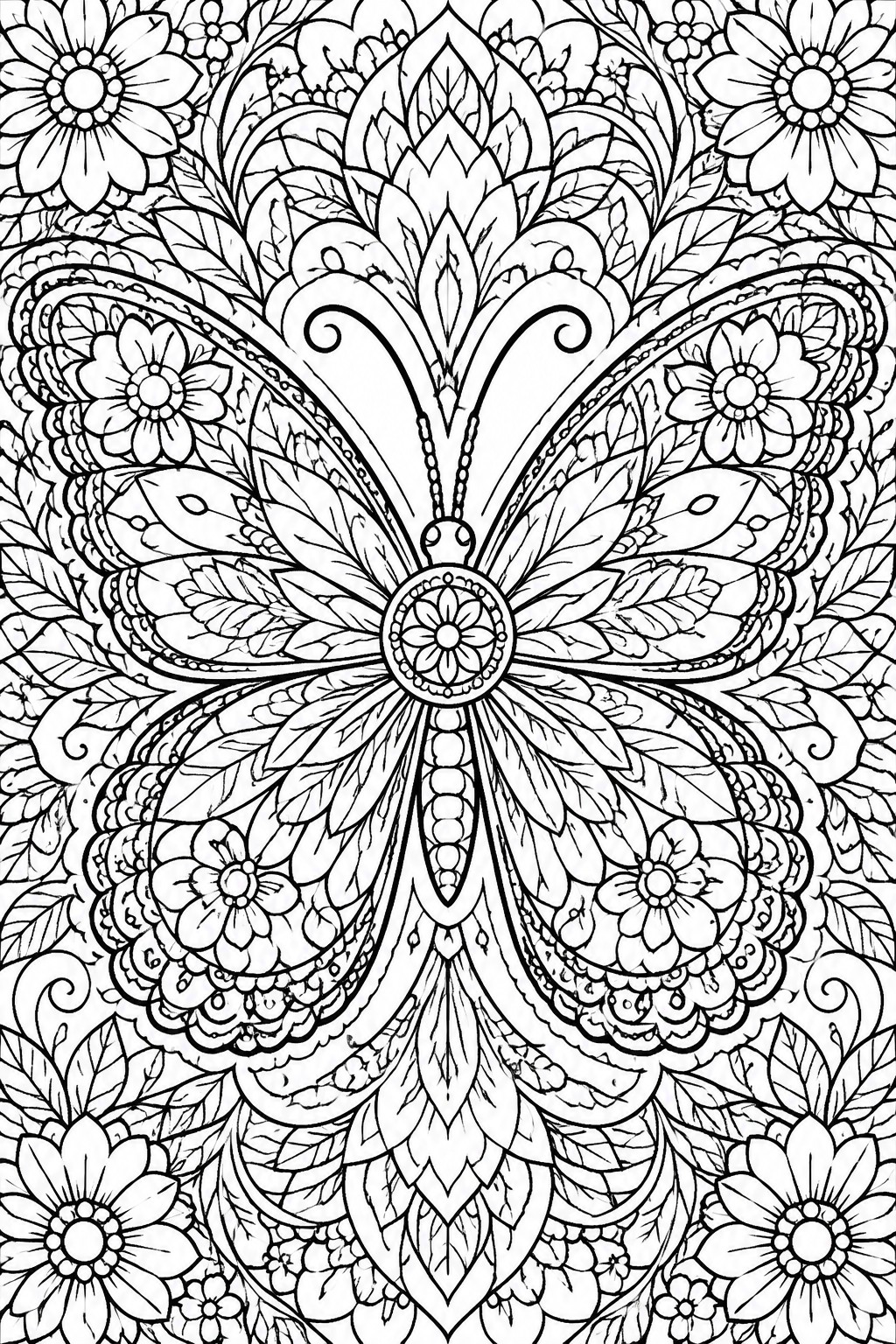 Intricate black-and-white line art of a floral butterfly amid flowers and swirling leaves