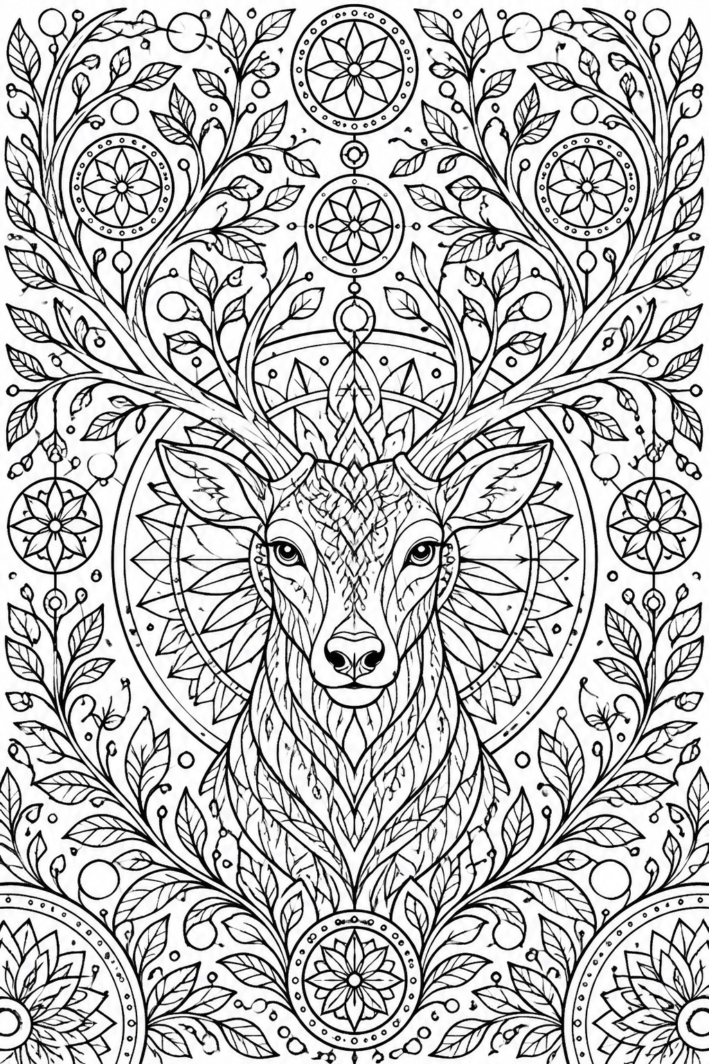 A black and white line art coloring page shows a detailed deer head with patterned face and neck, large antlers blending into leaves and circular mandalas, all surrounded by vines and geometric motifs.