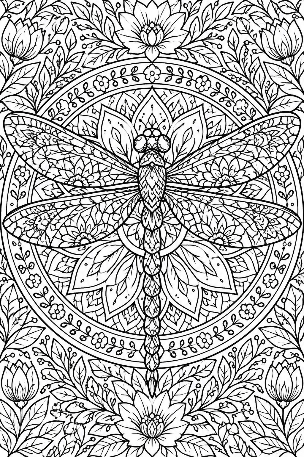 Intricate black and white mandala with central dragonfly and floral patterns
