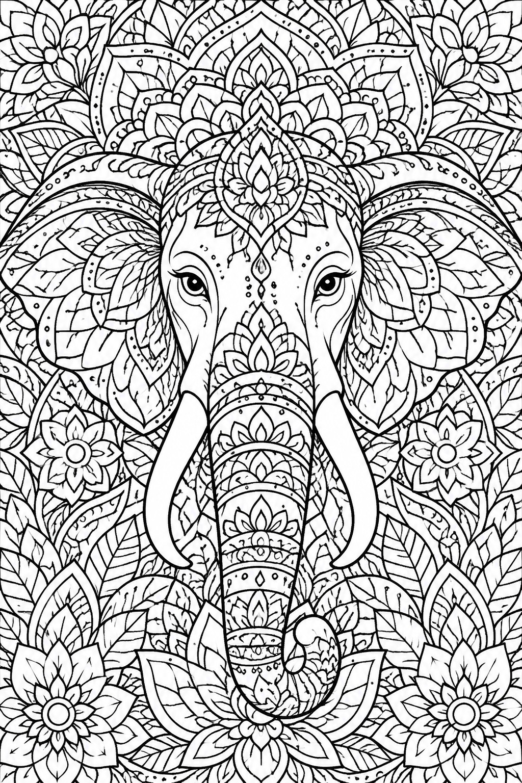 Intricate mandala elephant face with floral patterns and detailed line art.