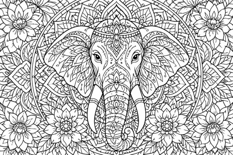 21 Colorful Animal-Inspired Mandala Coloring Pages for Adults Intricate mandala elephant face with floral patterns and detailed line art.