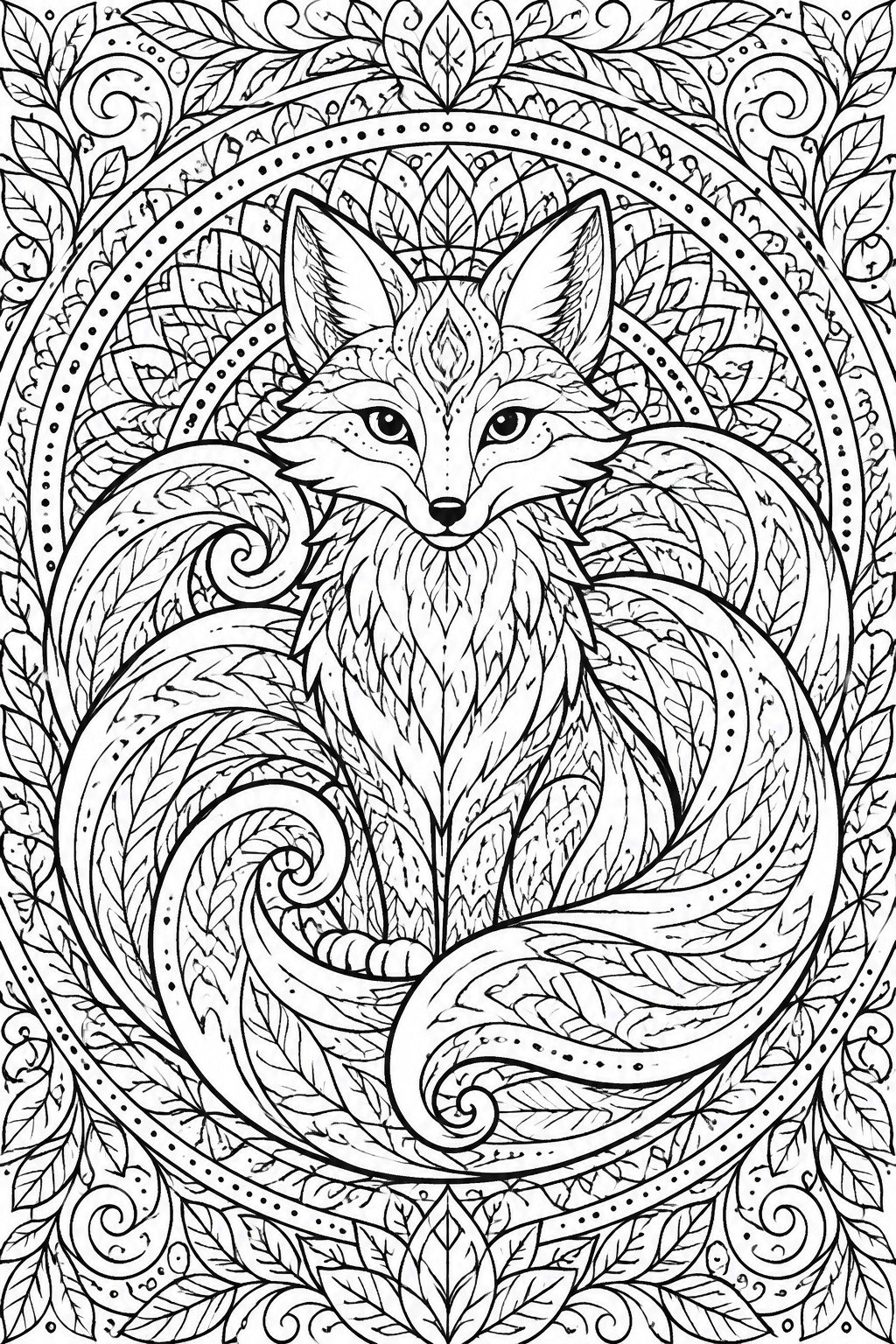 Ornate black-and-white mandala of a curled fox amid swirling leaves and florals