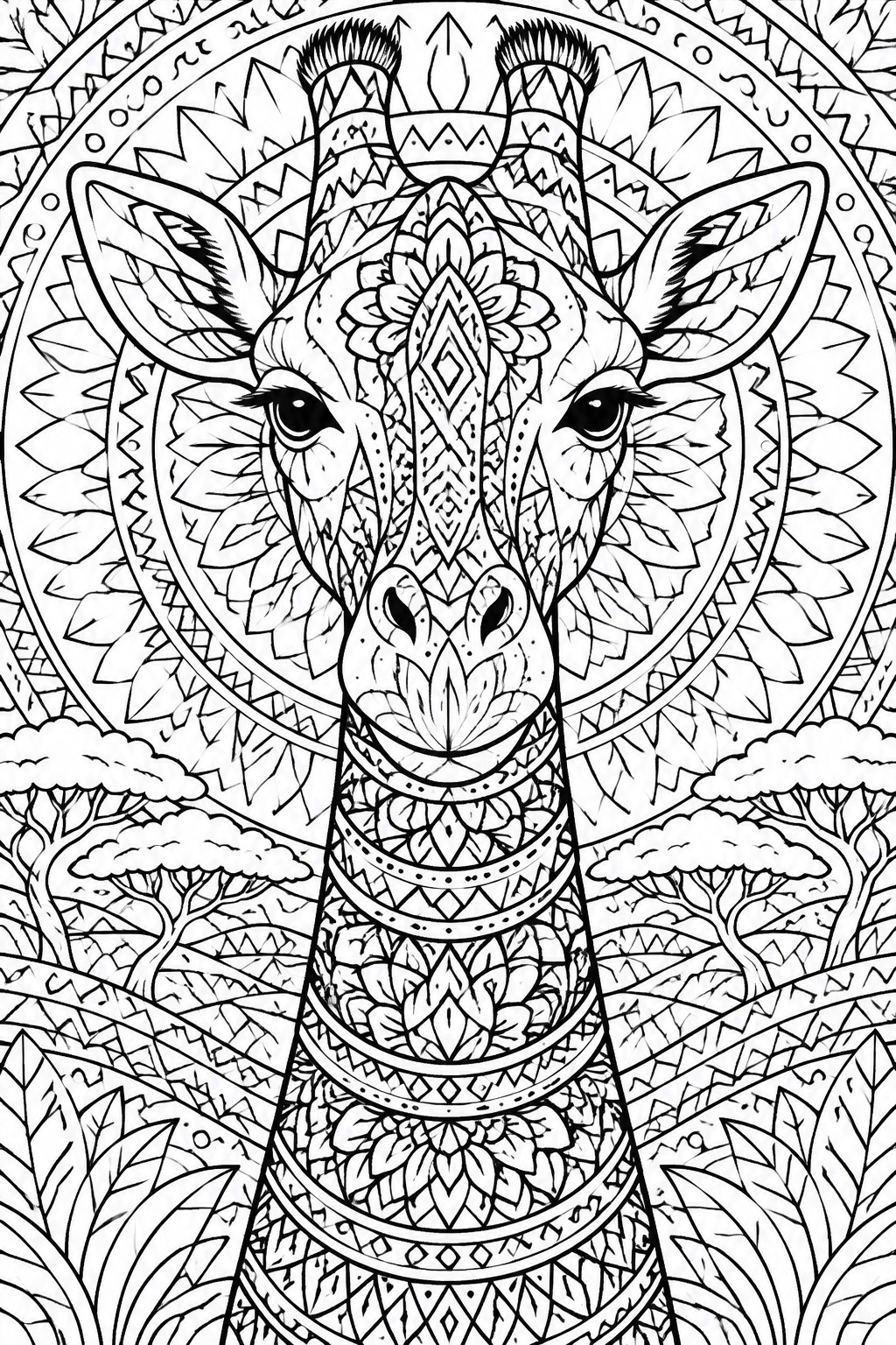 Intricate black-and-white mandala giraffe head with patterned neck and trees below
