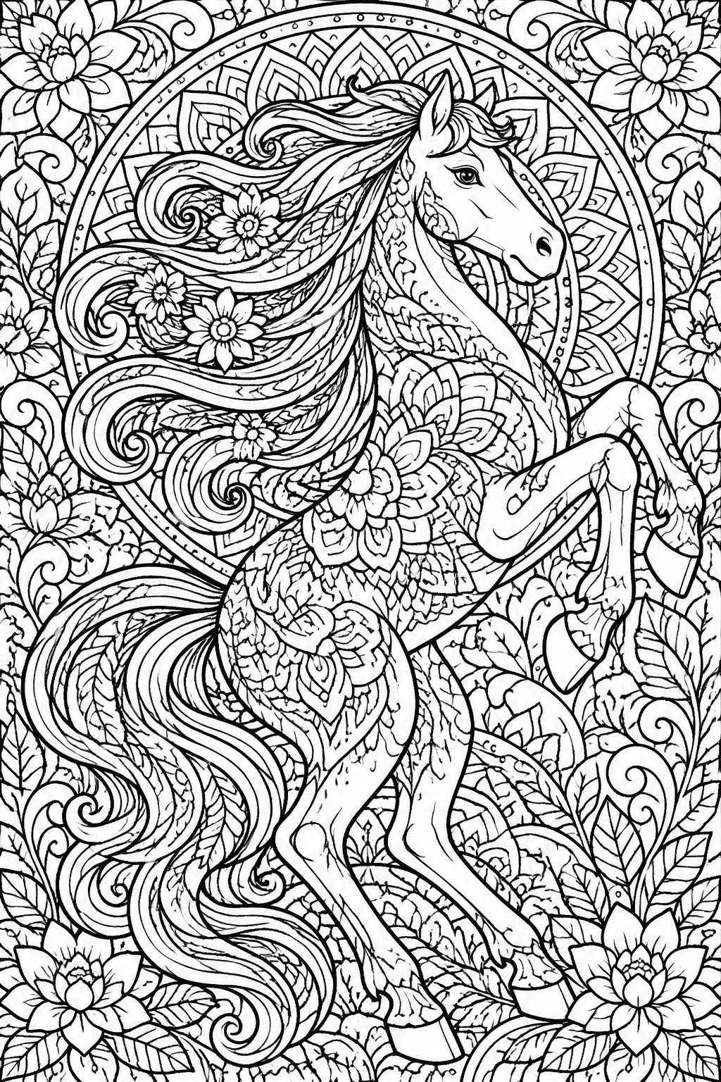 Ornate black-and-white line art of a rearing horse with floral mandala patterns.