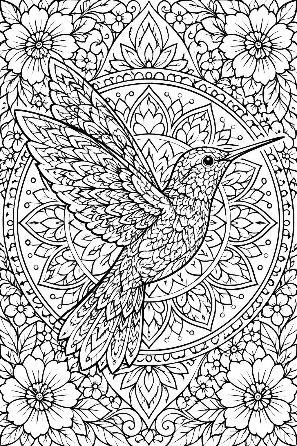 A black and white coloring page shows a hummingbird in flight centered inside an ornate mandala circle with large flowers filling the surrounding space.