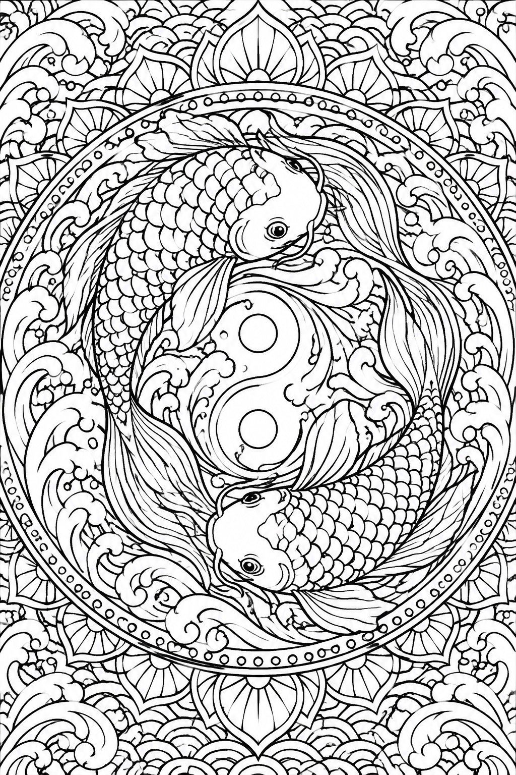 A black and white mandala coloring page showing two koi fish arranged in a yin yang circle with waves and patterns around them.