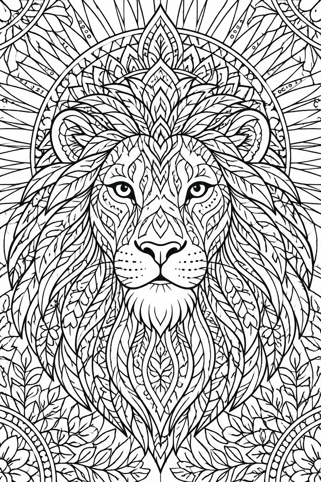 Black and white line art of a lion face in mandala style with intricate patterns filling the mane and a circular border around it.