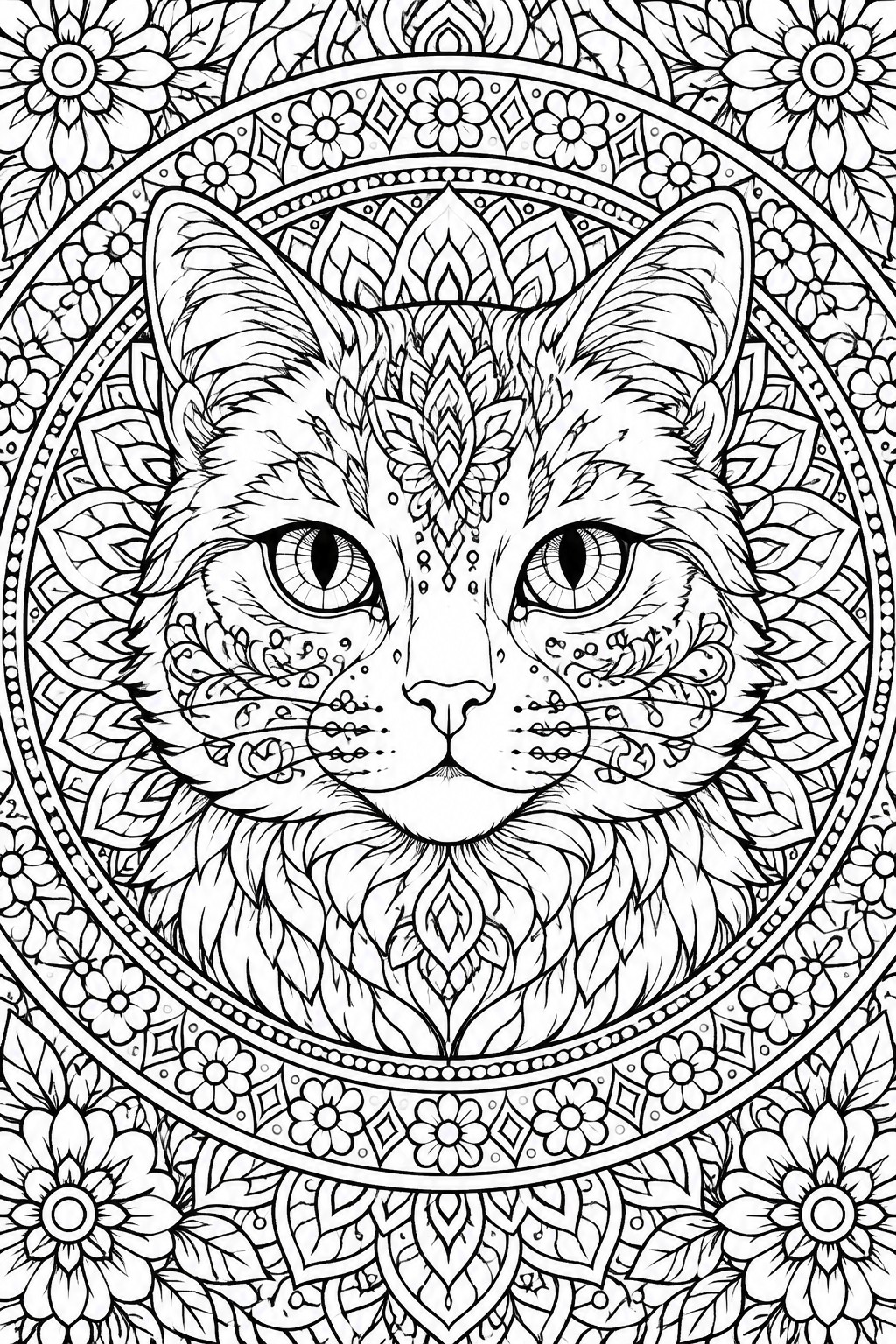 Intricate black-and-white mandala line art of a detailed cat face with floral patterns.
