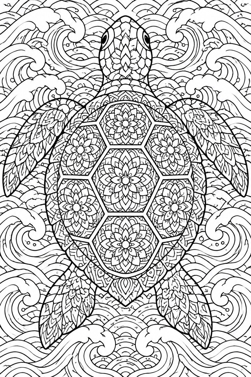 Intricate black and white sea turtle with mandala shell patterns amid swirling waves