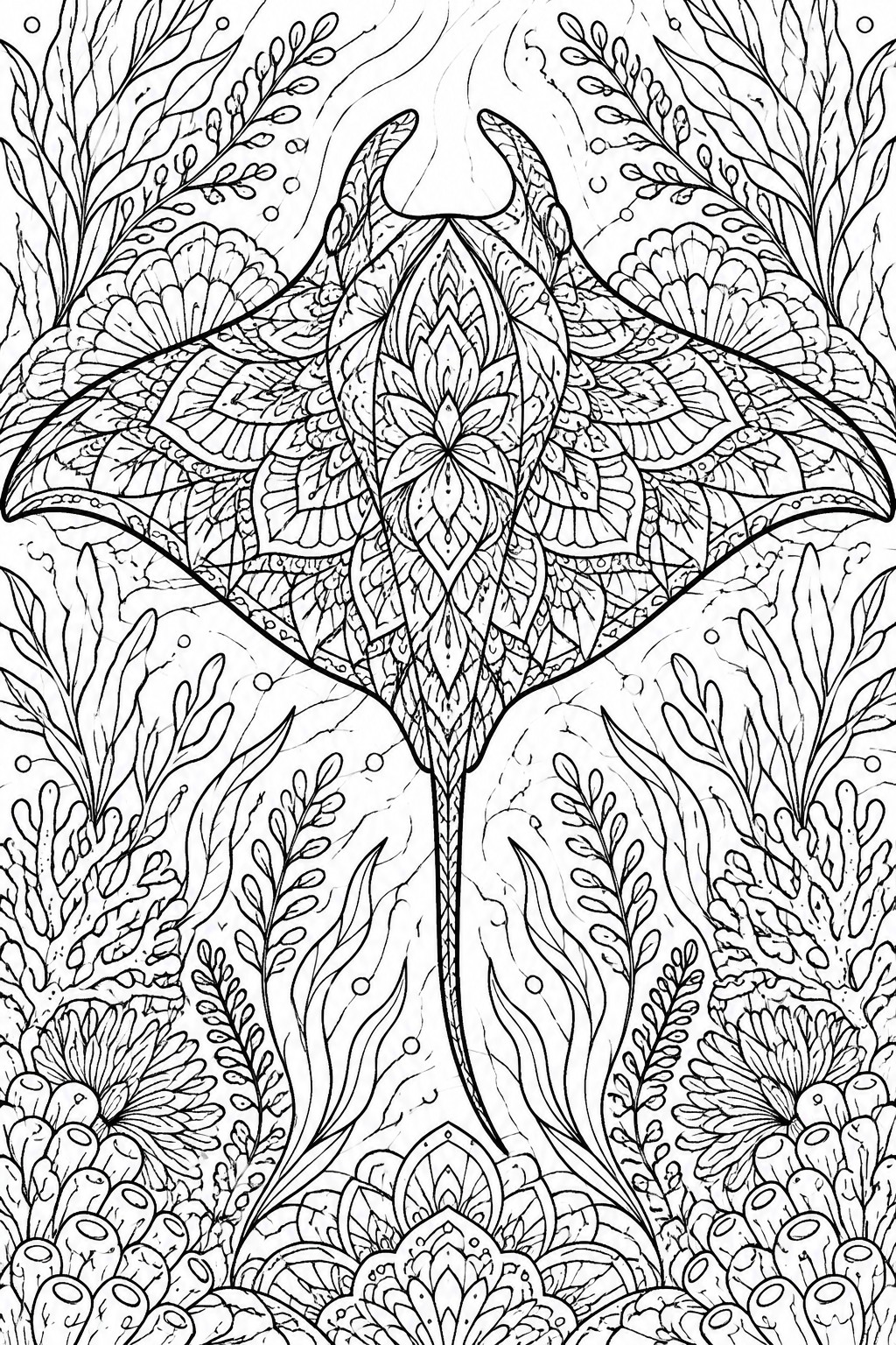 Mandala-patterned manta ray amid coral, seaweed, and ocean plants.
