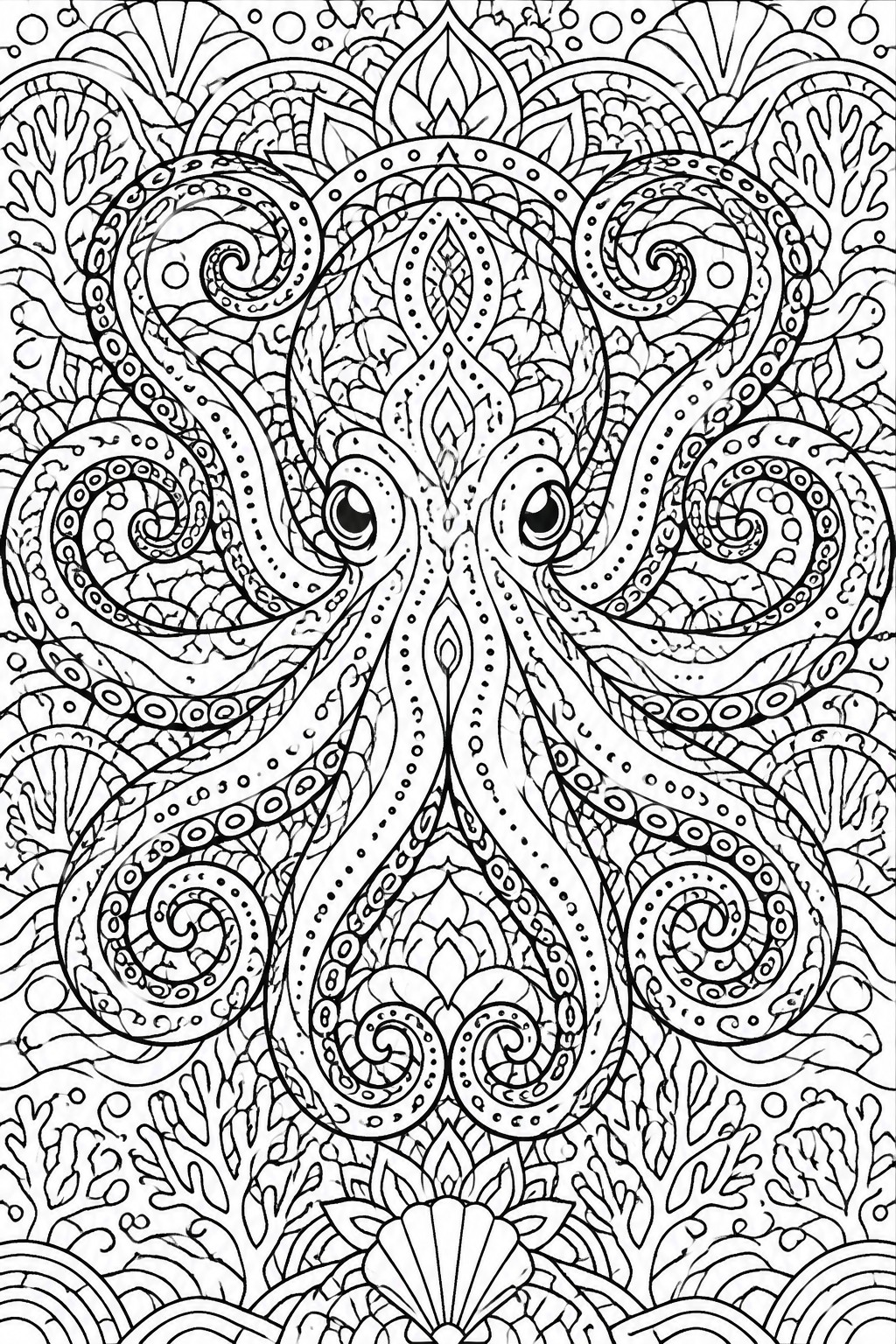 Intricate black-and-white octopus mandala with swirling tentacles amid coral and shells.