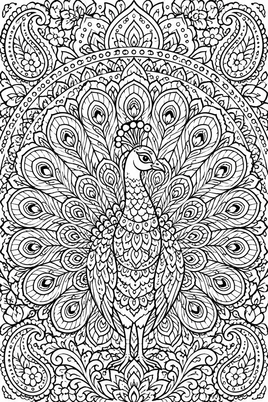 Black and white line art of a peacock centered in a mandala circle with fanned tail feathers, paisley borders, and floral details.