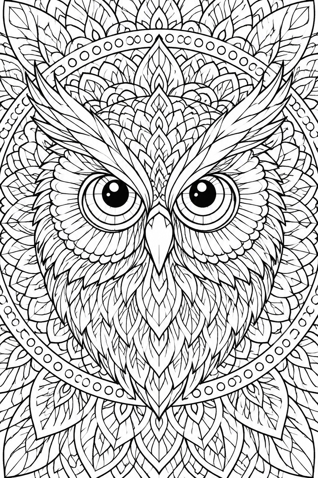 Intricate black-and-white mandala owl with large eyes and layered feather patterns.
