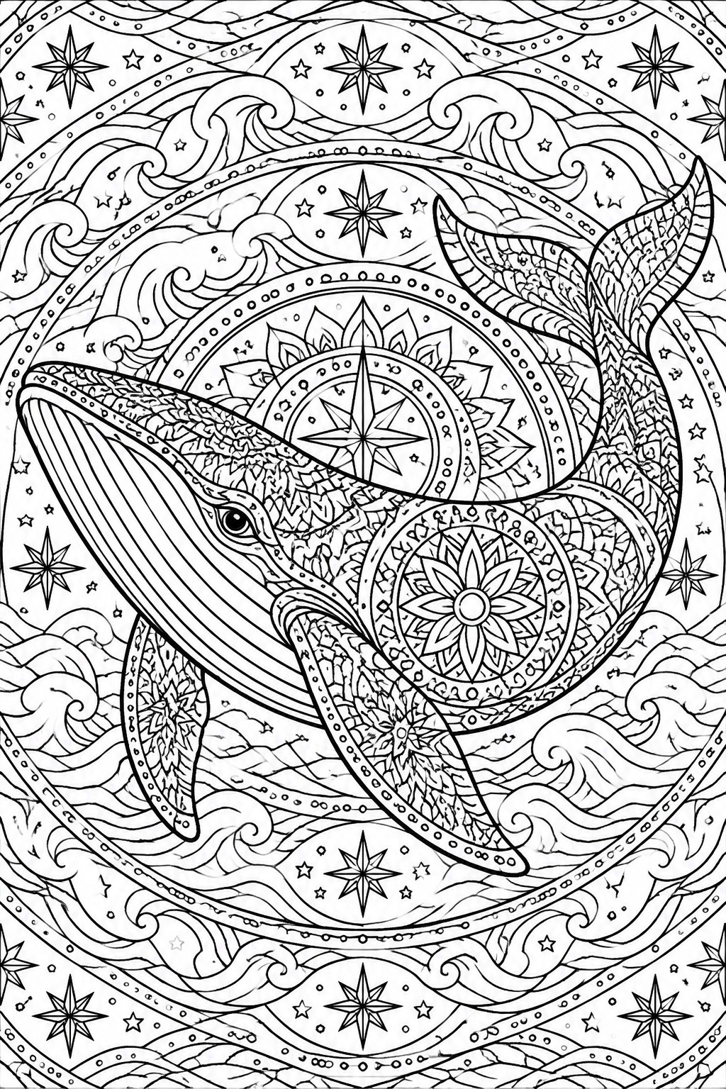 A black and white mandala coloring page showing a whale curved around central circular patterns with waves and stars filling the outer rings.