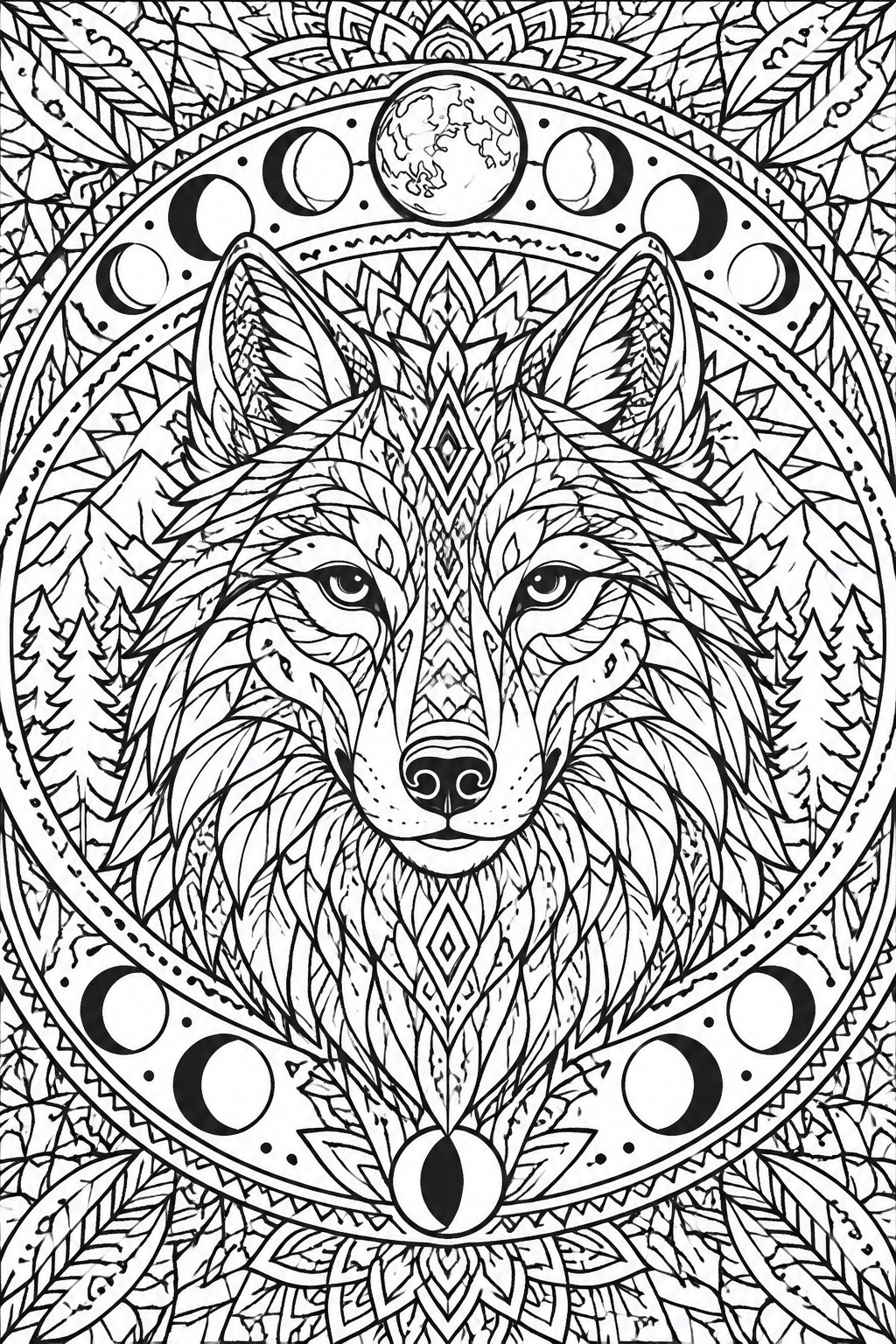 A black and white mandala coloring page centered on a detailed wolf face, ringed by moon phases, mountains, trees, and leaves.
