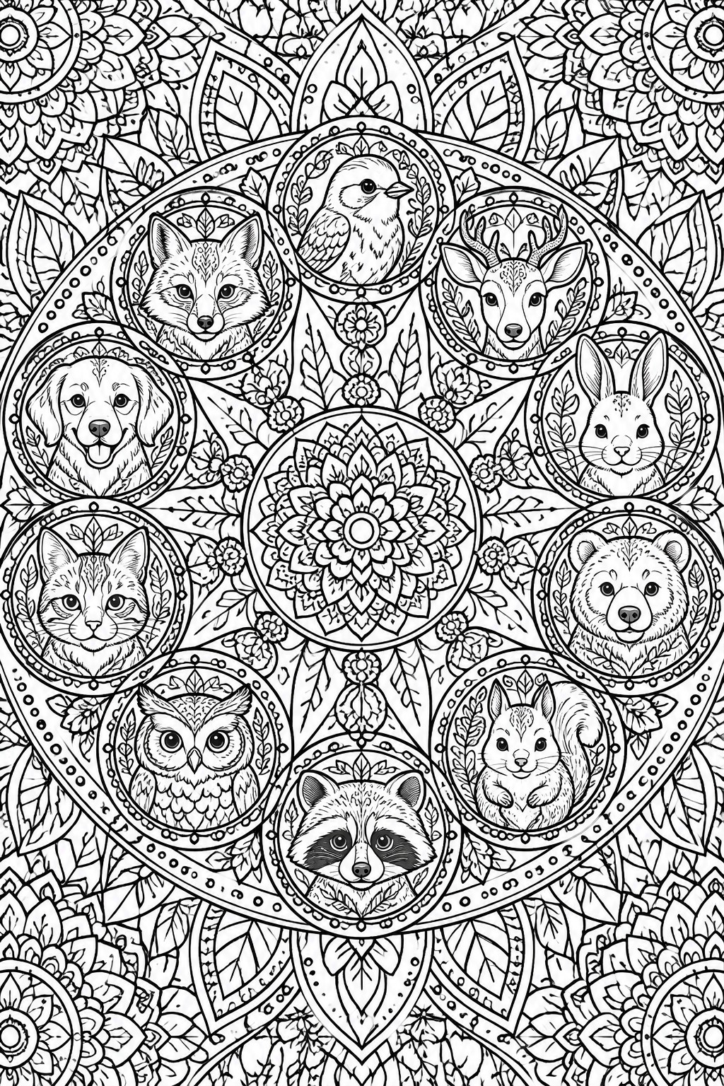 Black and white mandala with woodland animal portraits in ornate circular frames.