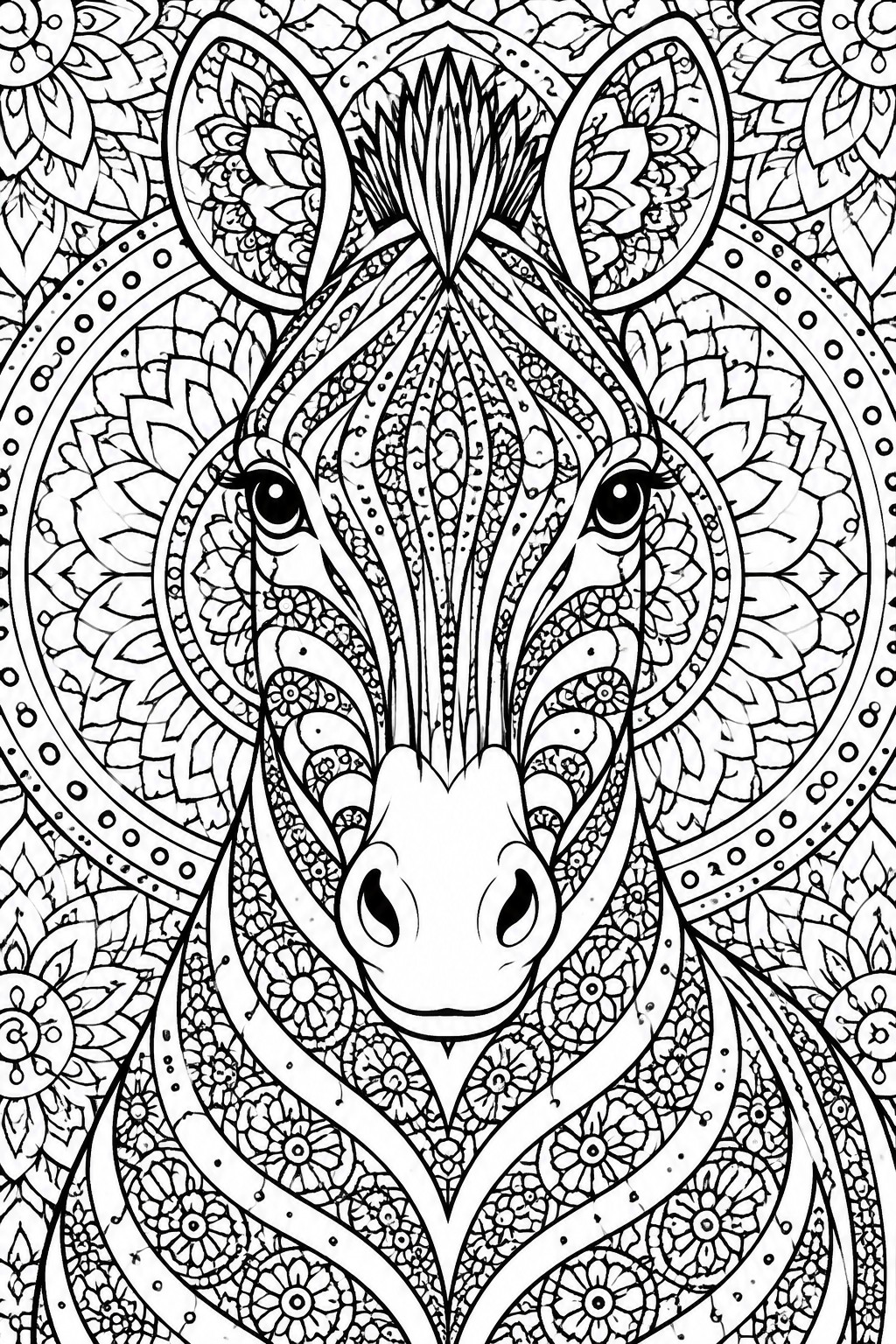 Intricate black-and-white mandala zebra face with floral patterns and detailed line art.