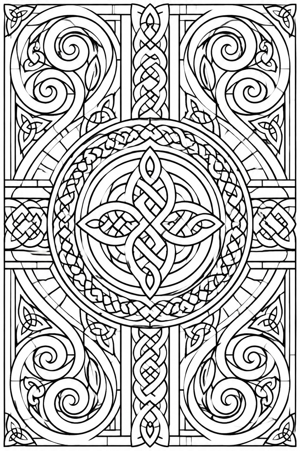 Intricate black and white Celtic knotwork with spirals, braids, and central cross motif