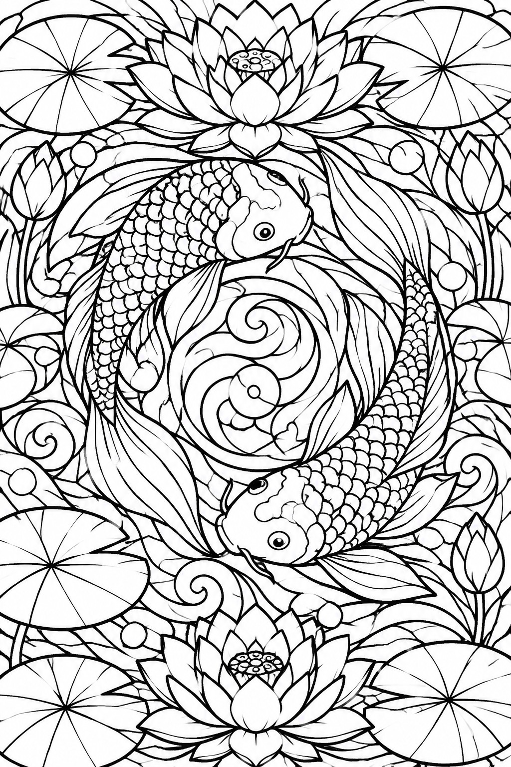 A black and white line drawing of two koi fish circling amid lotus flowers and lily pads in a symmetrical pond scene.