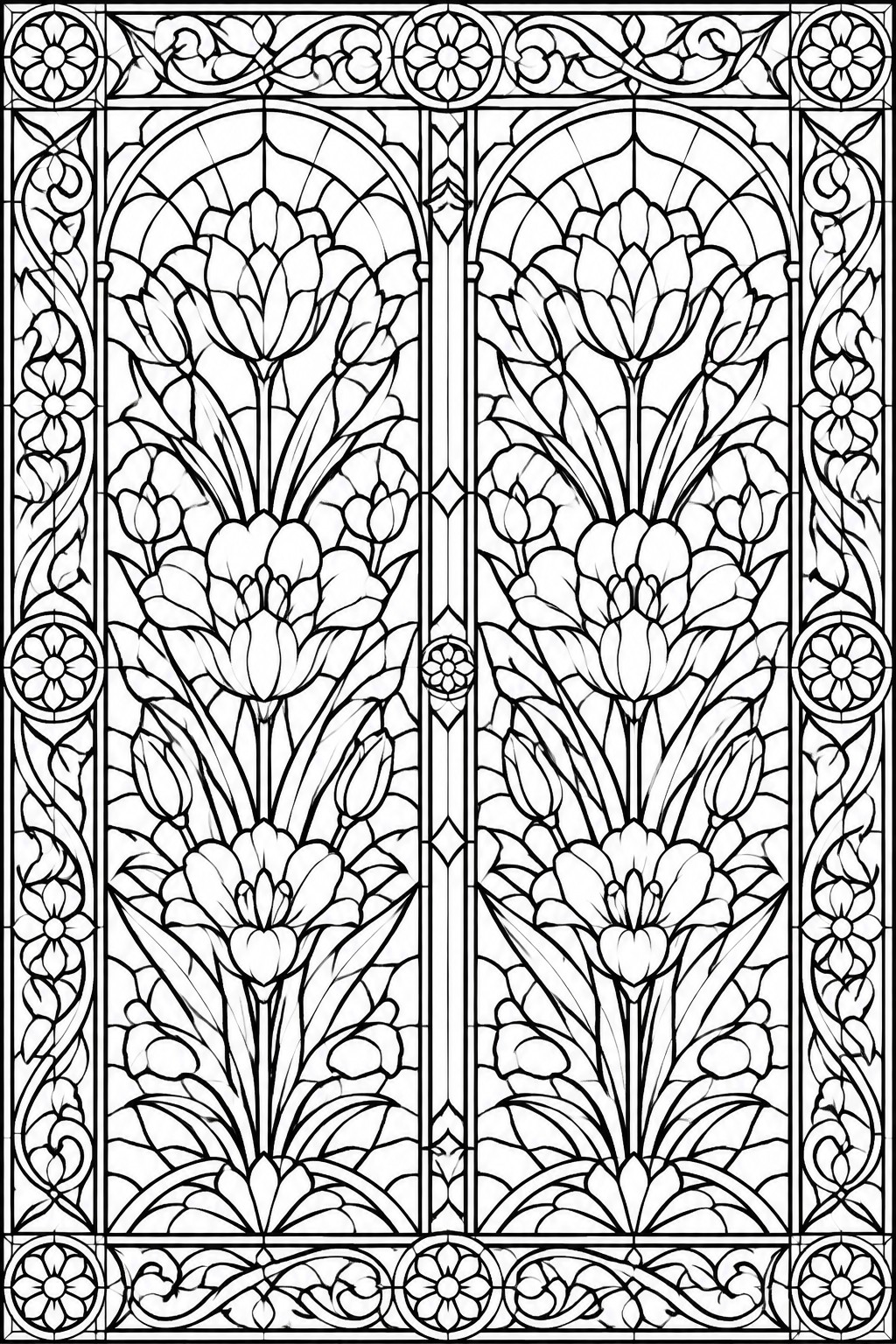 Intricate black and white stained glass with tulips and ornate floral borders