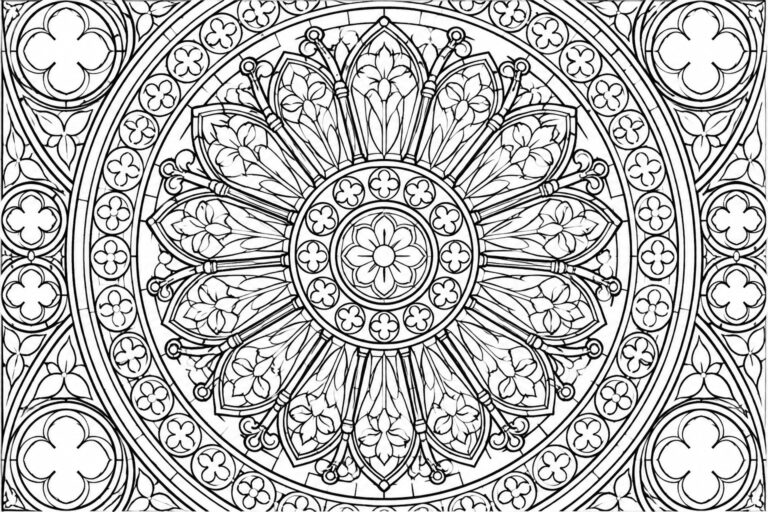 21 Creative Stained-Glass Coloring Pages Featuring Ornate Panels and Symmetrical Designs Intricate black and white circular mandala with floral and geometric patterns