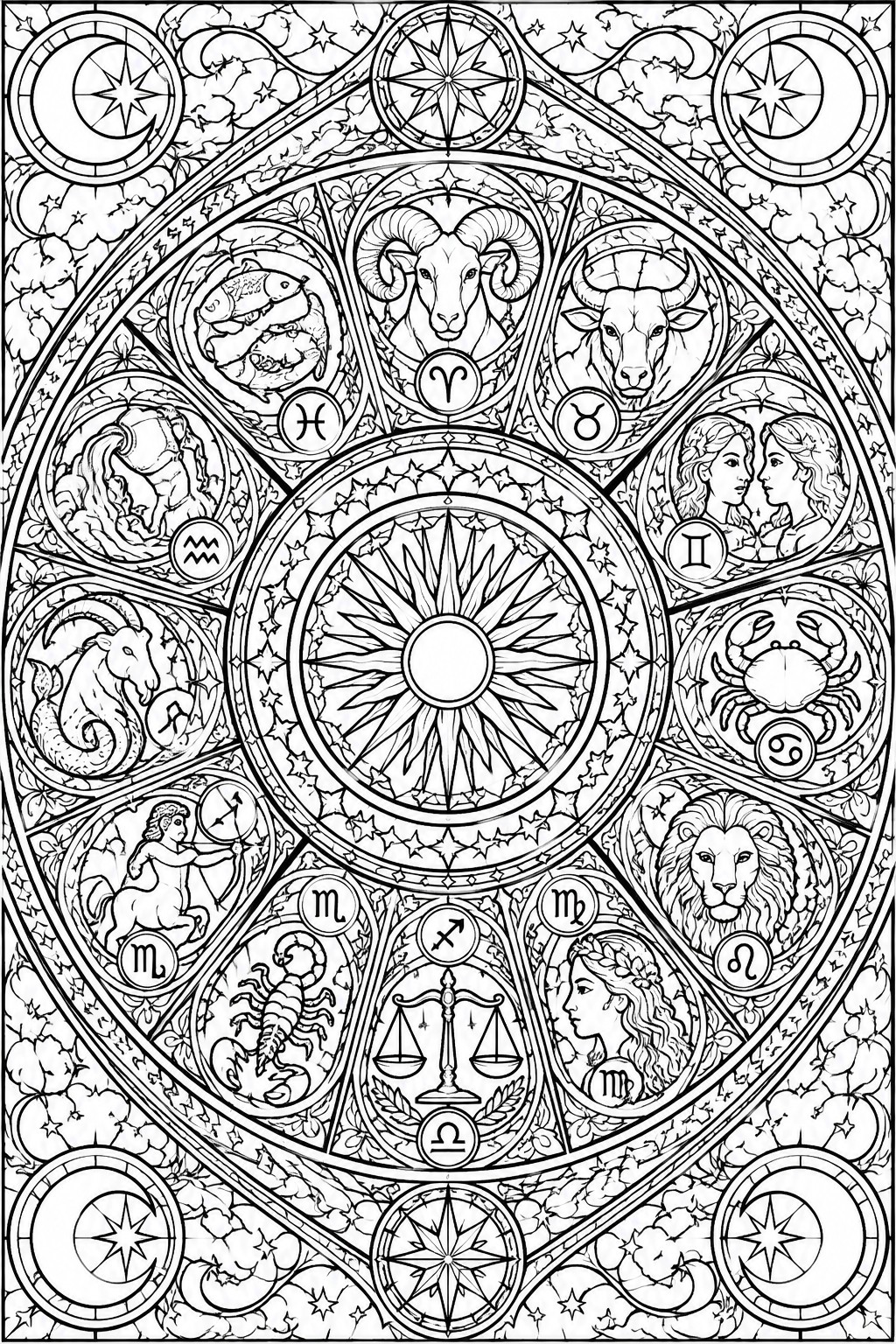 Black and white line drawing of a circular zodiac mandala showing all twelve signs around a central sun with moon and star motifs in the borders.