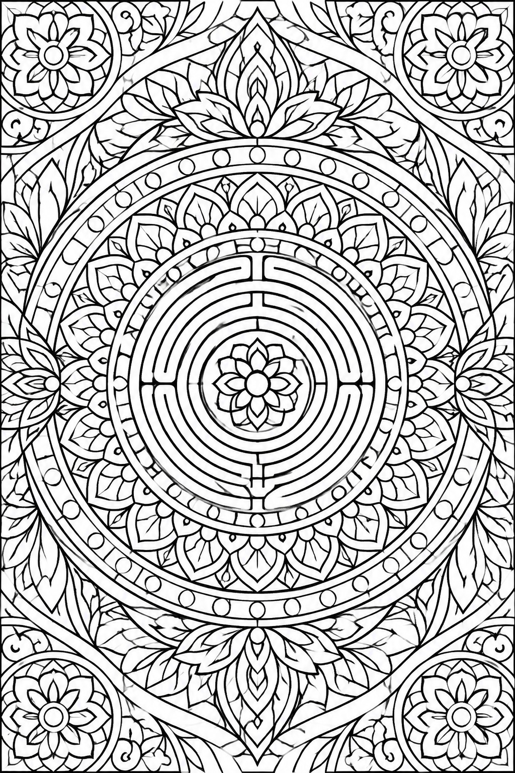 A black and white mandala coloring page featuring a central flower inside concentric maze rings, with surrounding leaf patterns and four corner floral designs connected by vines.